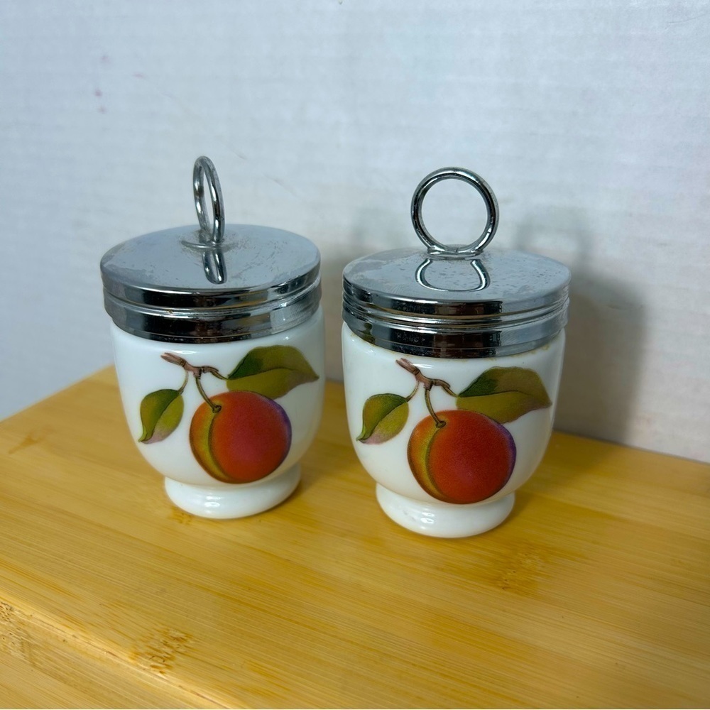 Vintage Pair Set 2 Royal Worcester Evesham Egg Coddlers Plum & Berries 2x3.5”